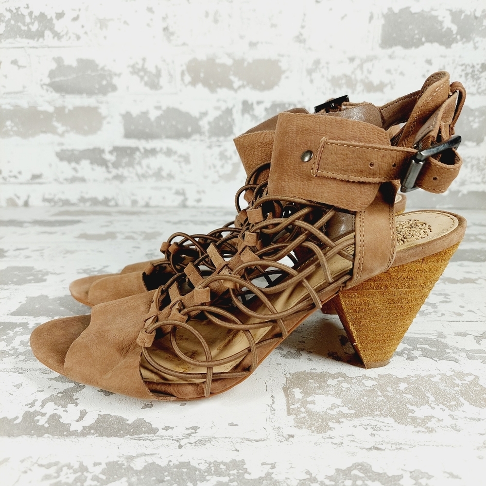 Vince Camuto Evel Brown Leather Ankle Strap Buckle Caged Heeled Sandals F204